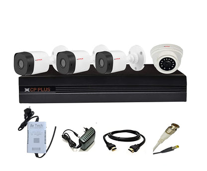 CP PLUS 4-Channel HD DVR 1080p 1Pcs, Outdoor Camera 2.4 MP 3 Pcs, Indoor Camera 2.4 MP 1 Pcs, 4-CH ANTECH Power Supply, HDMI, BNC & DC Security Camera Combo Set