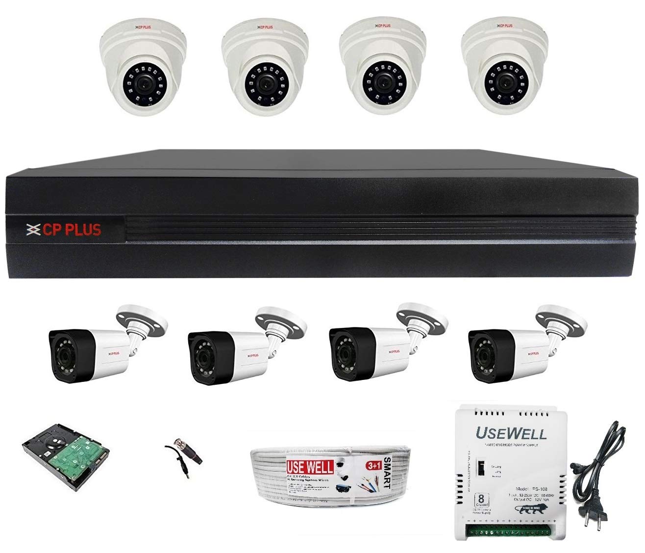CP PLUS Full HD 8 Channel DVR with 2.4 MP 2 Dome & 6 Bullet Cameras + 2 TB HDD + (3+1) Cable roll + 8 CH Power Supply + BNC & DC Full Combo Kit