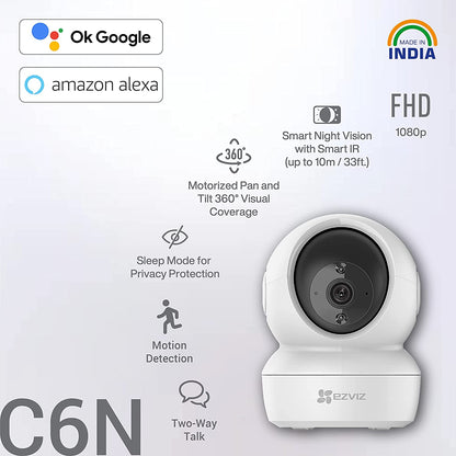 EZVIZ by Hikvision| Made in India | WiFi Indoor Home Security/Baby Monitor Camera|2 Way Talk | 360° Pan/Tilt | Night Vision | MicroSD Card Slot Upto 256GB |Works with Alexa & Google|C6N